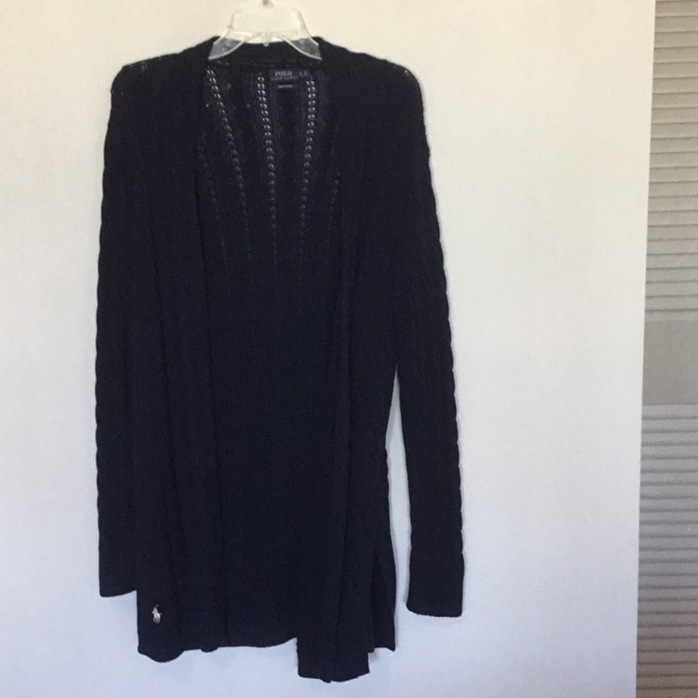 Ralph Lauren long open front cable knit cardigan in navy blue